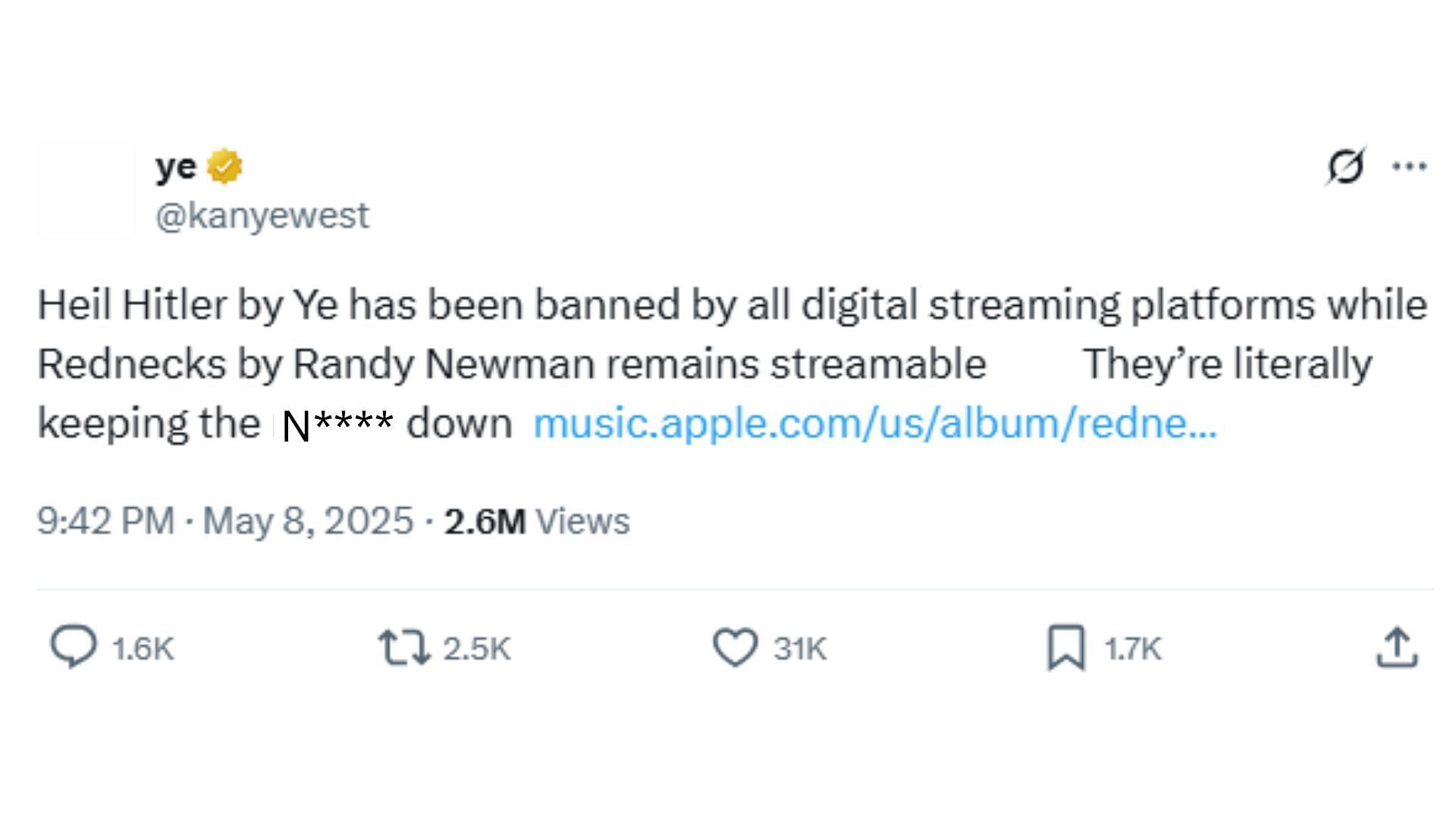 Kanye West's X post, May 8, 2025 (Image via X/@Ye)